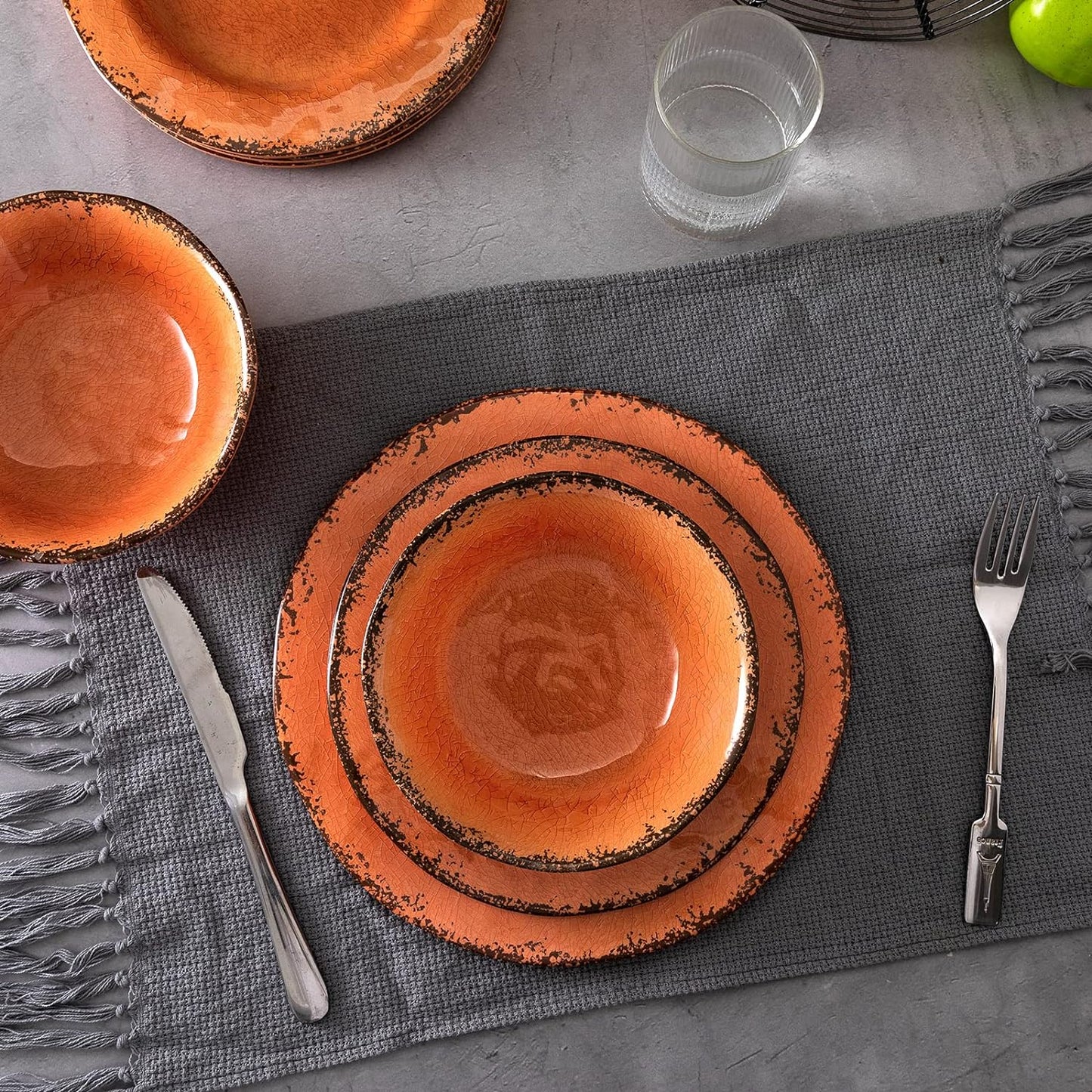 LEHAHA Melamine Salad/Dessert Plates, Crackled Design Plates Set of 6, 9 inch Small Dinner Plates, Modern Rustic Kitchen Serving Dishes for Party, Picnic and Camping Use, Orange