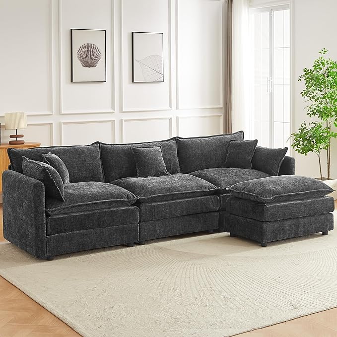 saows Modular Sectional Sofa 112.2 Inch L Shaped Couch Set with Armrests, 3-Seater Comfortable Cloud Couches with Movable Ottoman for Living Room Apartment, Grey