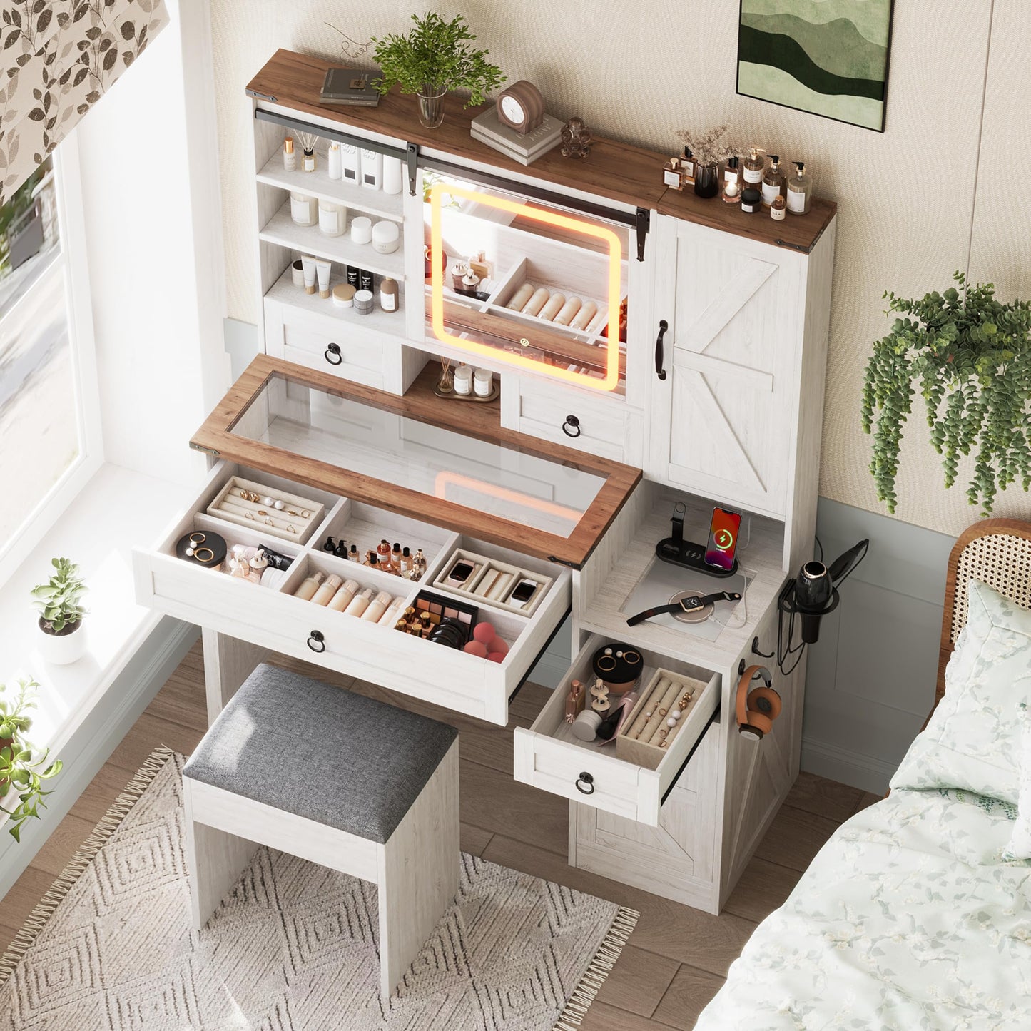 Merax Farmhouse Vanity Desk with Sliding Mirror and Lights, Elegant Dressing Table with Stool for Bedroom, Makeup Vanity Table & Glass Top Drawers and Charging Station, White