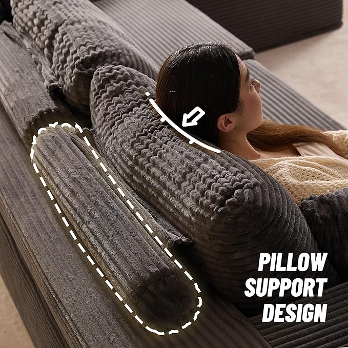 Afuson 107" Boneless Couch with Deep Seat, Modular Sectional Sofa, Cloud Sectional Couch for Living Room, No Assembly Required, Corduroy, L-Shape Left, Grey