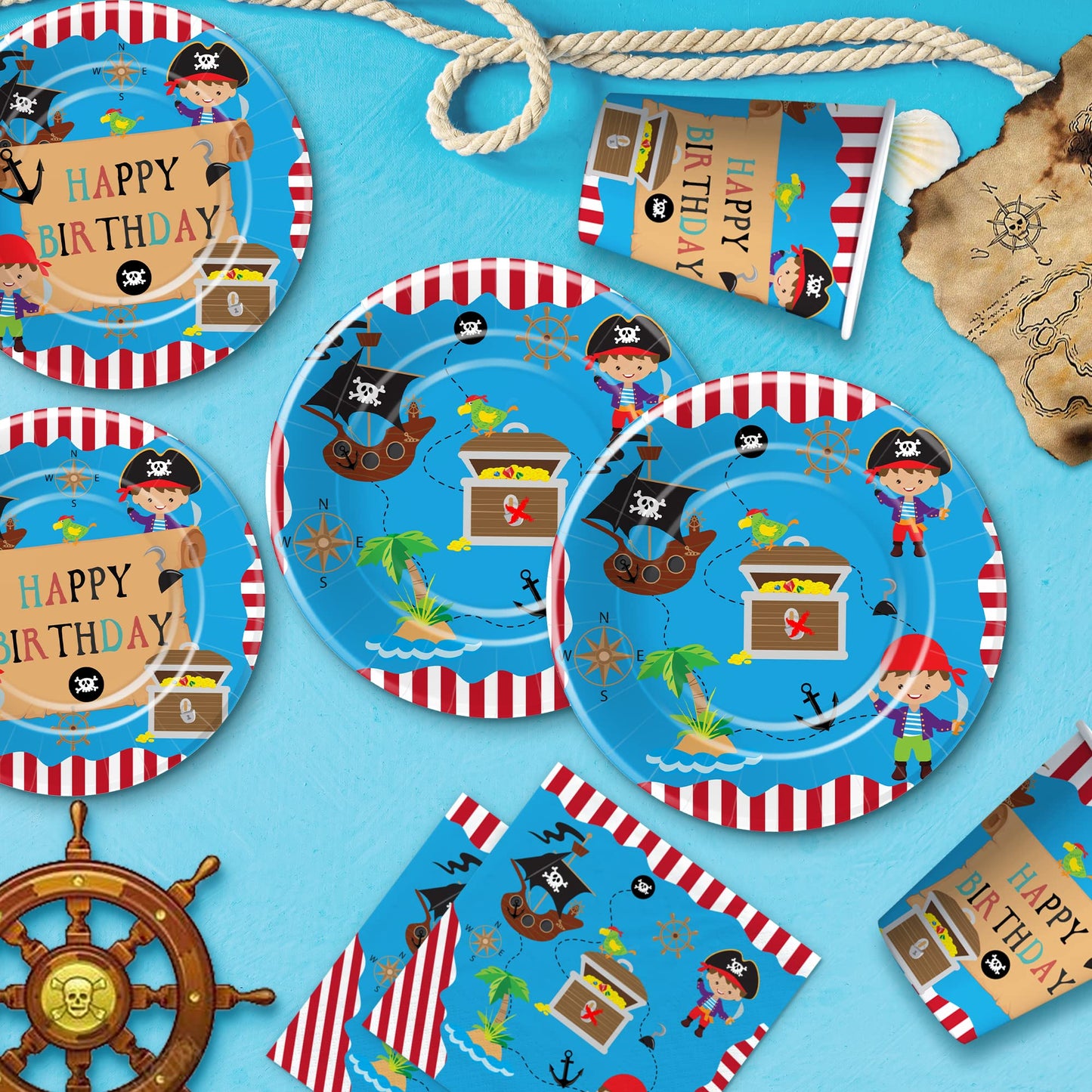 APOWBLS Pirate Birthday Party Supplies - Pirate Party Decorations Tableware For Kids, Pirate Plate, Napkin, Tablecloth, Fork, Pirate Birthday Plates And Napkins Party Decorations Dinnerware | Serve 24
