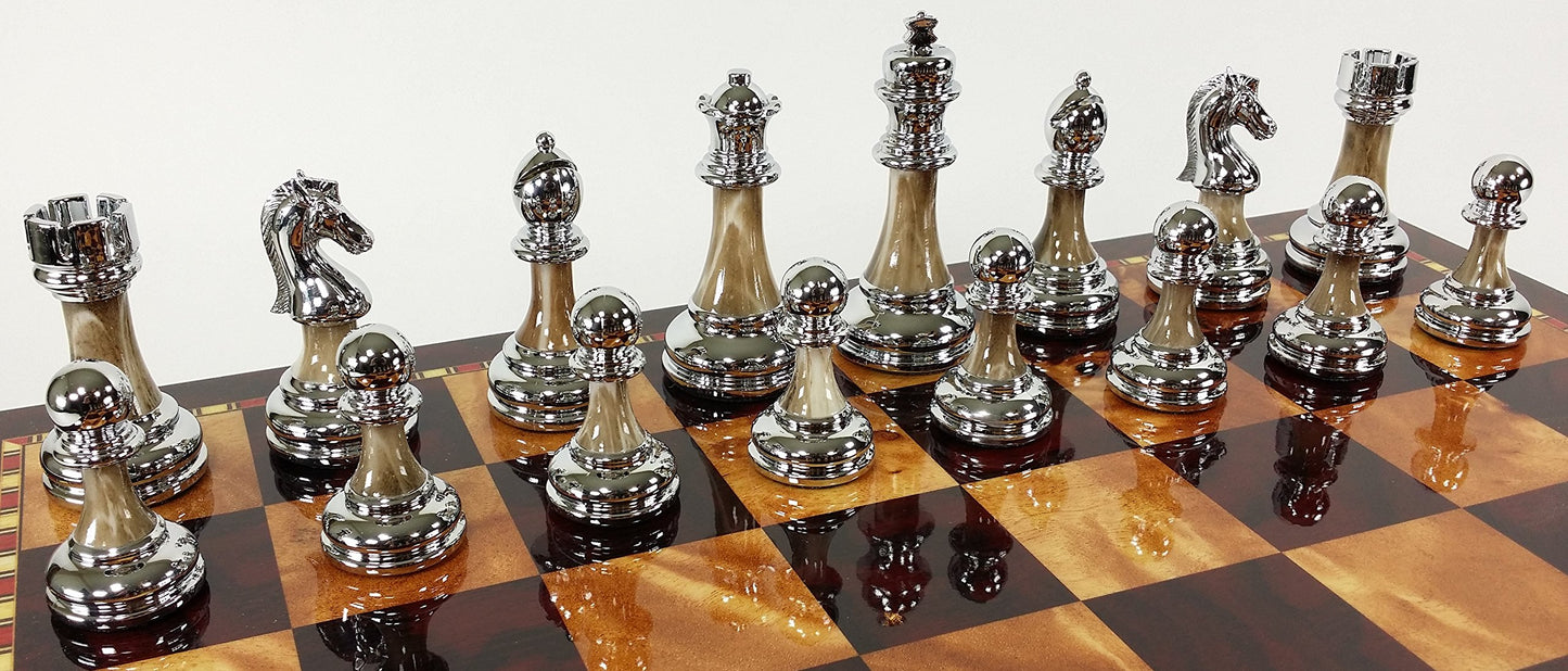 Staunton Chrome & Black Chrome Chess Men Set W 18" Gloss Cherry Color Board