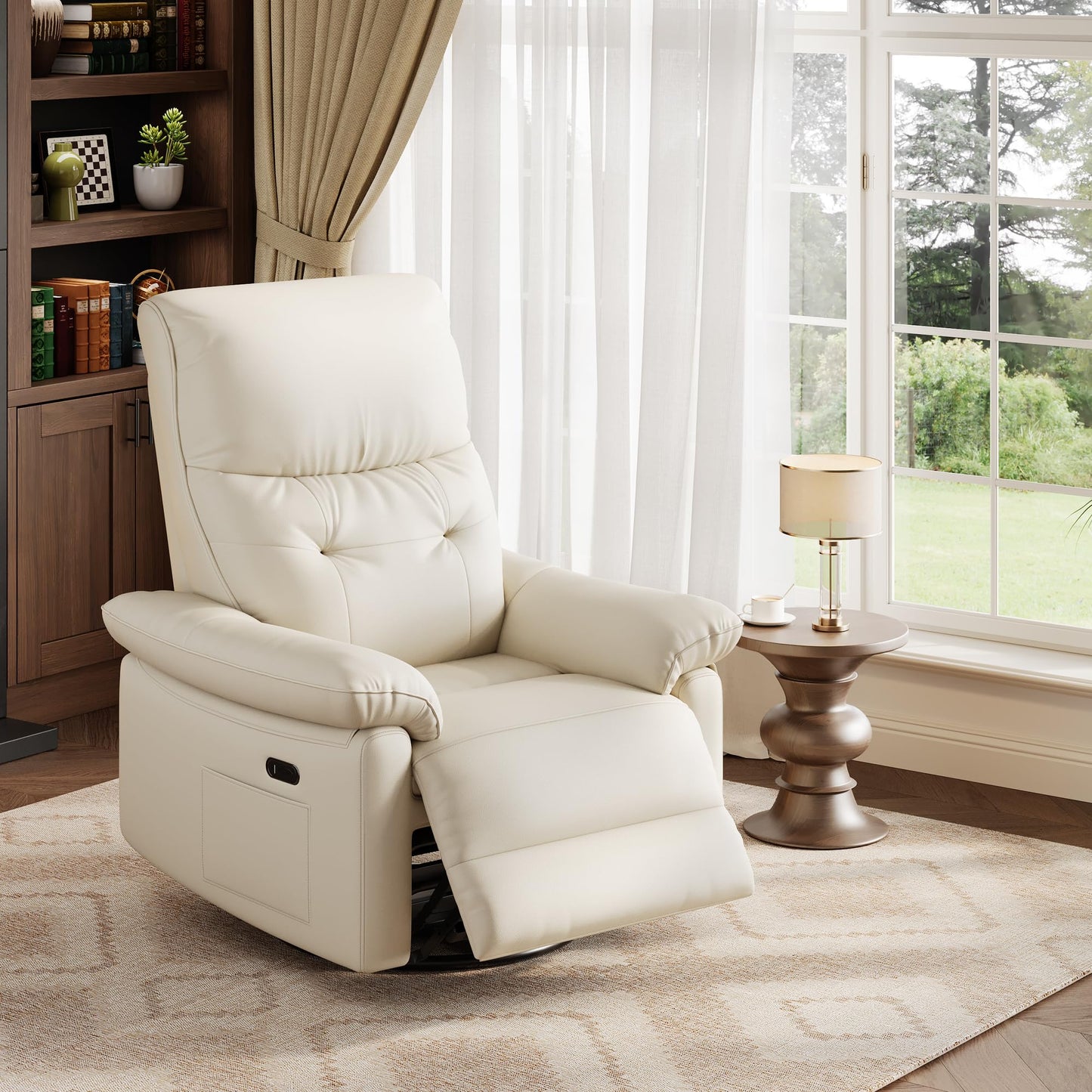 GarveeHome Recliner Chair, 360° Swivel Rocker Glider Nursery Chair with Padded Armrest and Deep Seat, PU Leather Upholstered Reclining Sofa Chair for Living Room, Bedroom and Nursery (Cream)