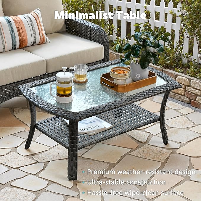 CAODOC 4-Piece Wicker Patio Furniture Set, All-Weather Rattan Conversation Bistro Loveseat Chair and Table Set for Backyard, Balcony and Deck with Soft Cushions and Metal Table(Tan)