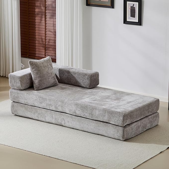 Convertible Couch Sofa Bed Foldable Floor Sleeper | Modern Fold Out Couch | Removable Backrest & Armrests | No Assembly Compression Sofa Sleeper for Living Room, Bedroom | Light Gray Chenille