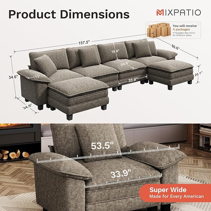 MIXPATIO 157-Inch U Shaped Sectional Sofa with Cloud Cushions, Deep Seat Modular Couch Set w/ 6 Seats & 2 Ottomans, Removable Arms, Plush Chenille Upholstery for Living Room, Apartment - Smoky Gray