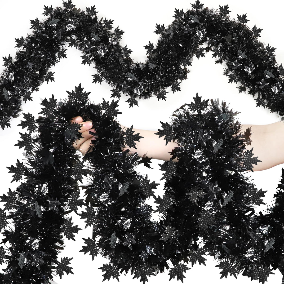 50FT Halloween Tinsel Garland Decorations, Black Shiny Metallic Streamer Garland with Maple Leaves for Home Tree Mantle Indoor Outdoor Halloween Party Supplies