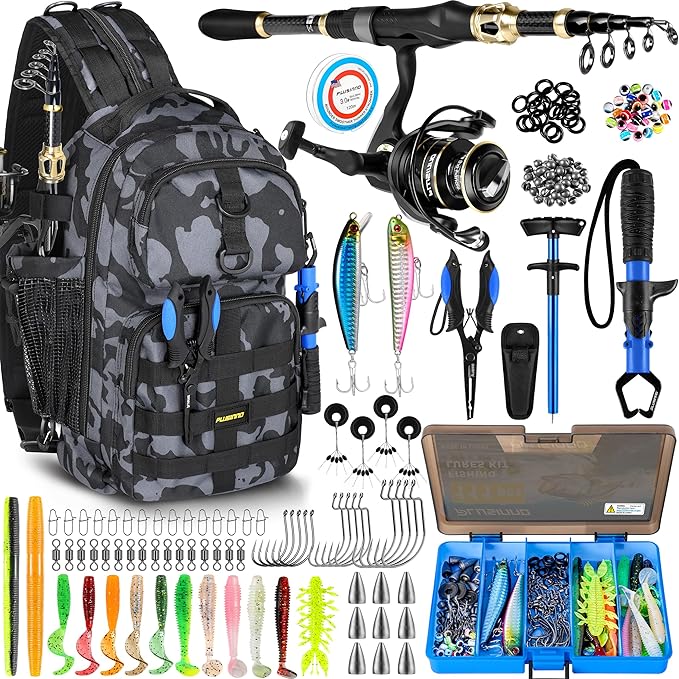 PLUSINNO Fishing Backpack with Fishing Rod and Reel Combos Tackle Boxes, Waterproof Tackle Backpack for Fishing Gear with ...