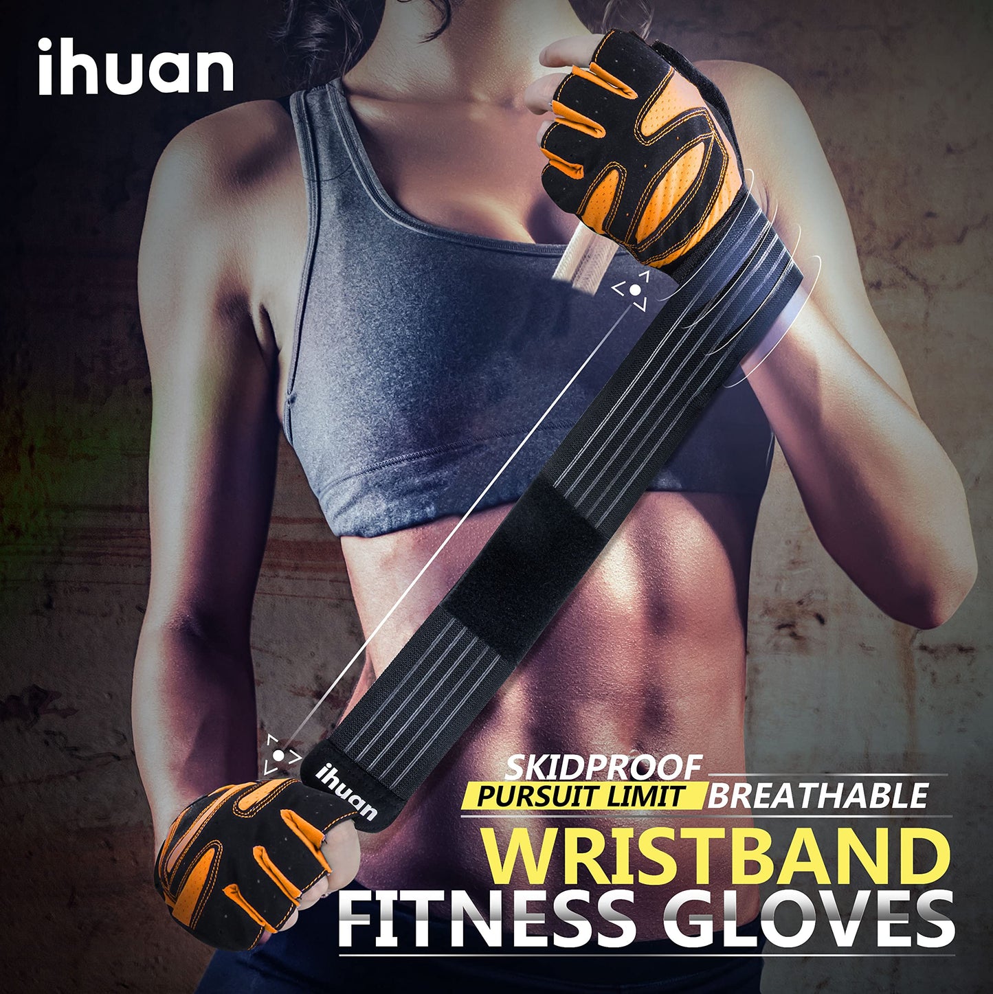 ihuan Ventilated Weight Lifting Gym Workout Gloves with Wrist Wrap Support for Men & Women, Full Palm Protection, for Weightlifting, Training, Fitness, Hanging, Pull ups (Orange, L)