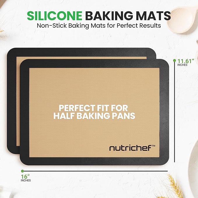 Silicone Baking Mats | 2 Non-stick Food-Grade Reusable Silicone Mats | Perfect for Half Baking Pans 16.5 x 11.6 IN | Oven-Safe Up to 480 Degrees F | Safe for Ovens, Freezers, & Dishwashers (Black)