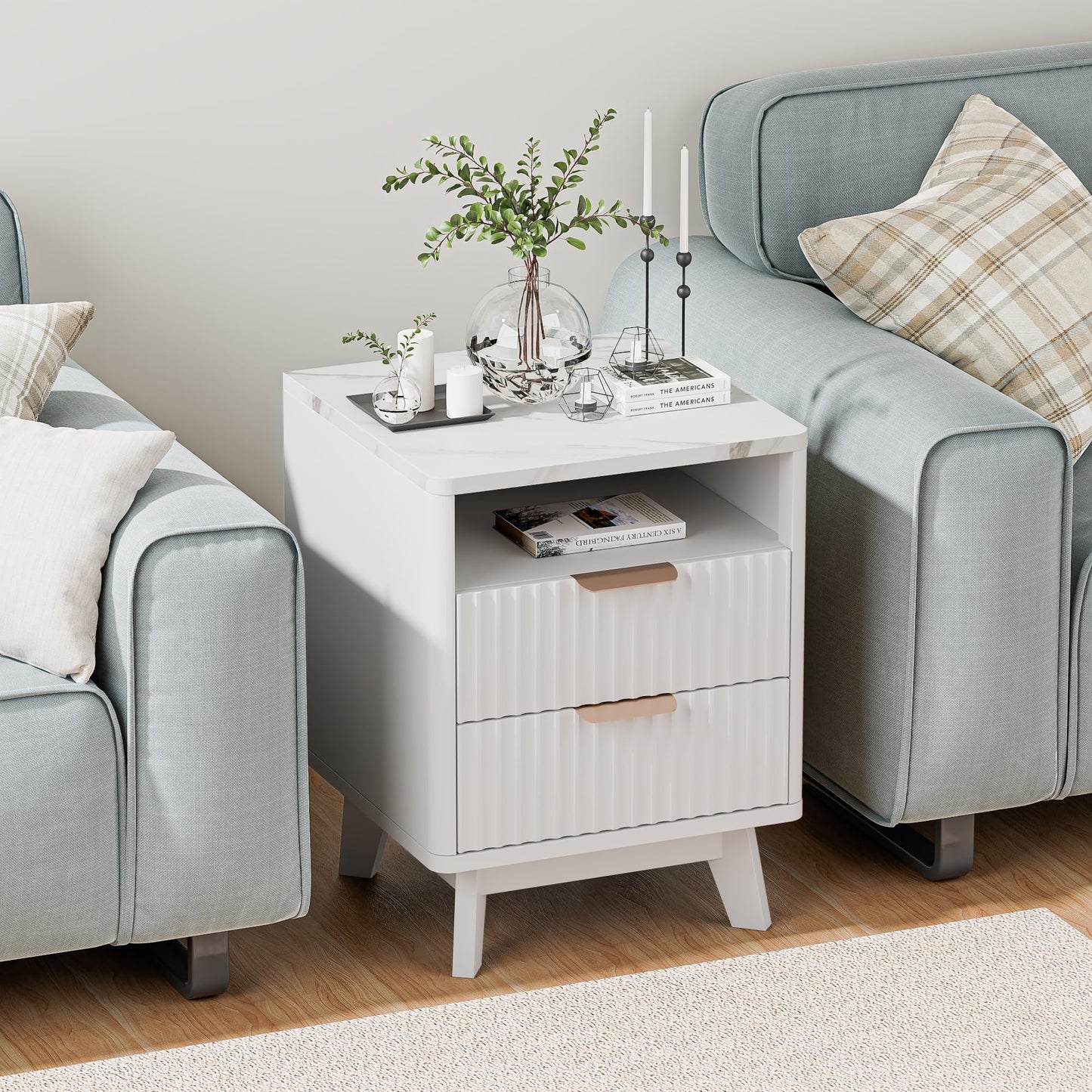HOCAT Fluted White Nightstand with 2 Drawers, 18" Modern Bed Night Stand with Faux Marble Top, Open Storage Shelf, Curved Edge Bedside Table for Bedroom, Living Room End Side Table