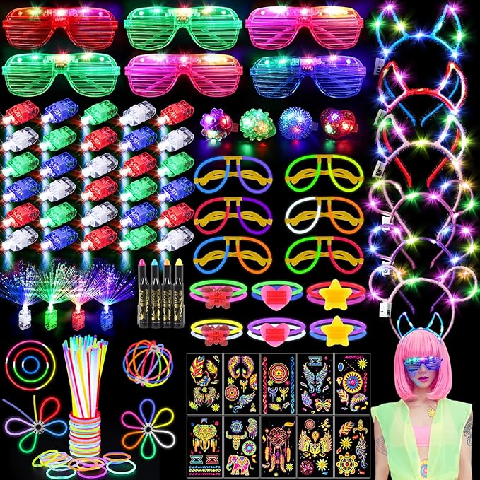 130PCS Glow in the Dark Party Supplies for Kids Adults, Light Up Party Favors with LED Glasses, Headbands, Finger Lights, ...