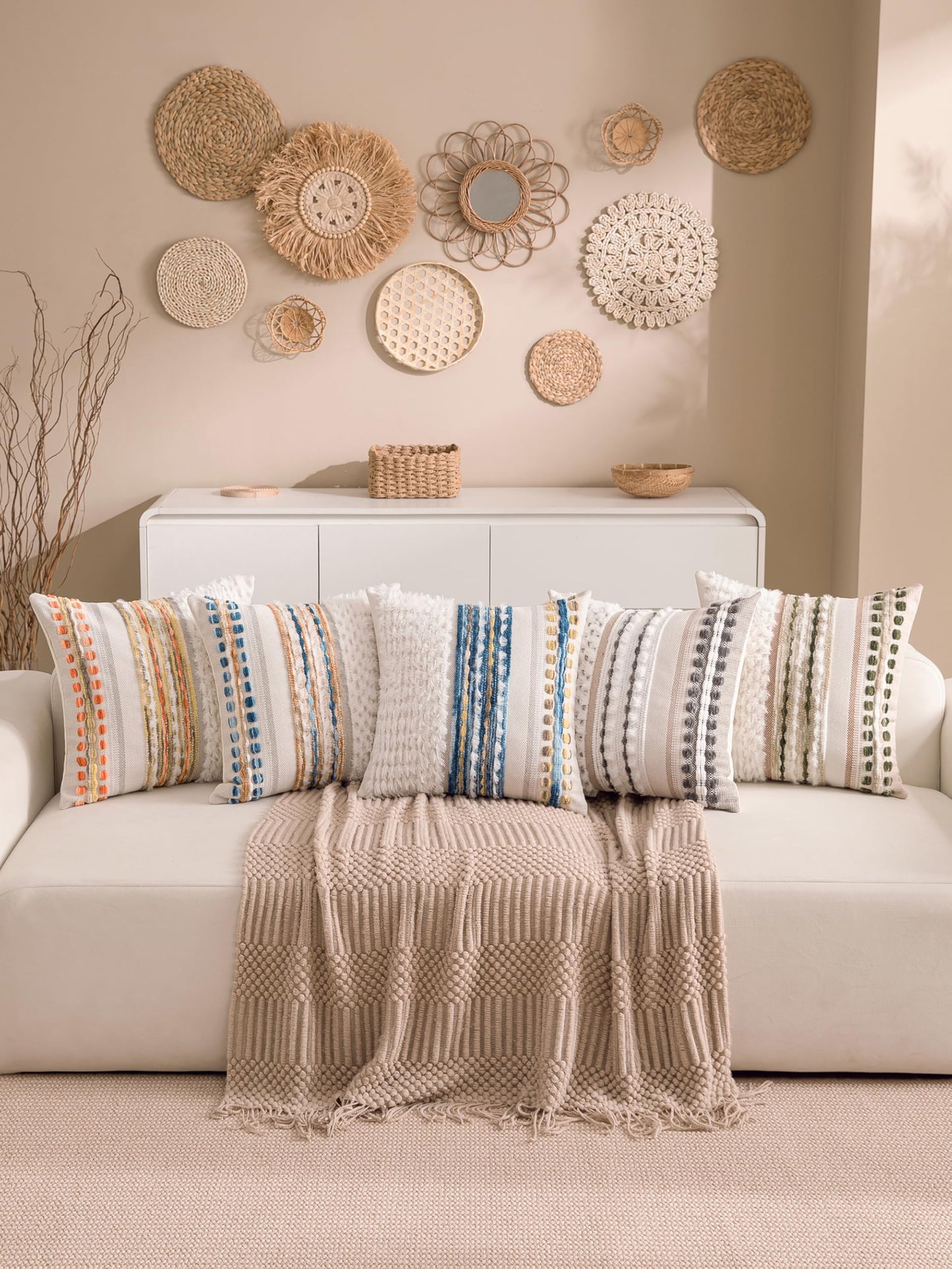 KOOLIFE Boho Chenille Tufted Couch Throw Pillow Covers 18x18 Inch Set of 2 Farmhouse Striped Decorative Pillow Covers Accent Neutral Square Pillowcase Green Cushion Covers for Livingroom Sofa Bed