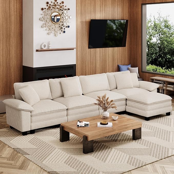 MIXPATIO 157-Inch L Shaped Sectional Sofa with Cloud Cushions, Deep Seat Modular Couch Set w/ 5 Seats & 1 Ottomans, Removable Arms, Plush Corduroy Upholstery for Living Room, Apartment - Beige