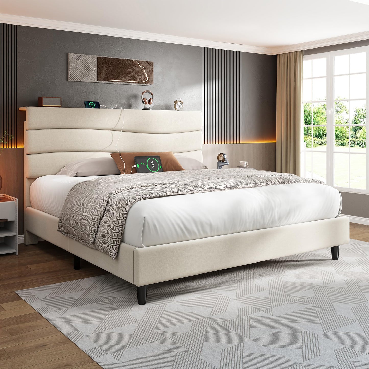 EnHomee Queen Bed Frame with Fabric Upholstered Headboard, Storage Headboard and 3 Charging Stations, Queen Size Bed Frame with Wooden Slats, Noise-Free, No Box Spring Needed, Beige