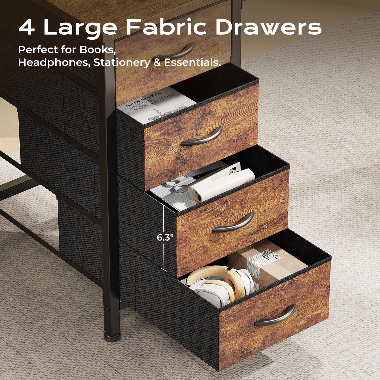 Huuger 55 Inch L Shaped Desk with Fabric Drawers, Reversible Computer Gaming Desk with Power Outlets and USB-C Port, Adjustable Side Storage Shelves, for Work Corner Home Office, Rustic Brown