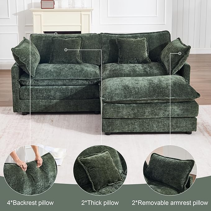 KIVENJAJA Chenille L-Shaped Modular Sectional Sofa, Modern Loveseat Comfy Deep Seat Cloud Couch with Ottoman/Chaise & 4 Pillows for Living Room Office Apartment, 76.7" W, Green
