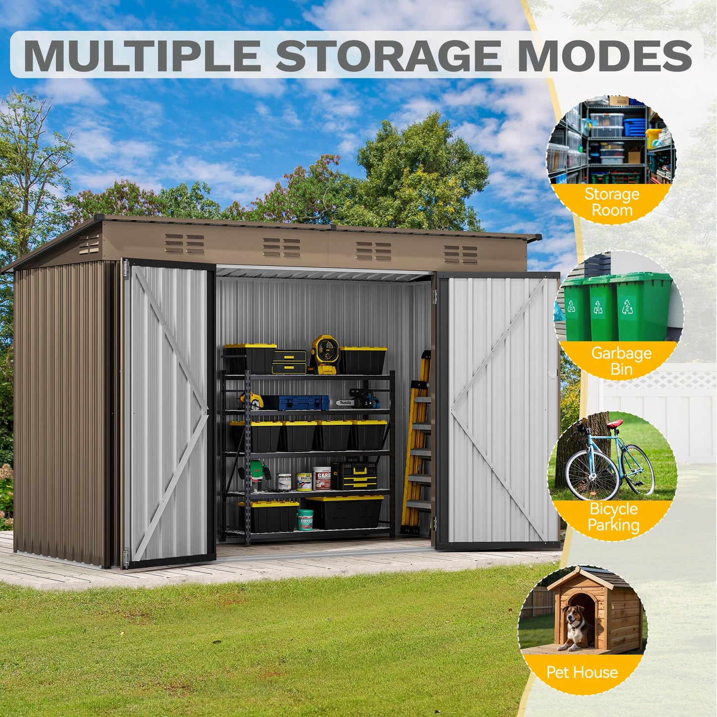 DWVO 9x4ft Large Outdoor Storage Shed, Metal Tool Sheds, Heavy Duty Tool Storage with Lockable Doors & Air Vent for Backyard Patio Lawn to Store Bikes, Tools, Lawnmowers,Brown