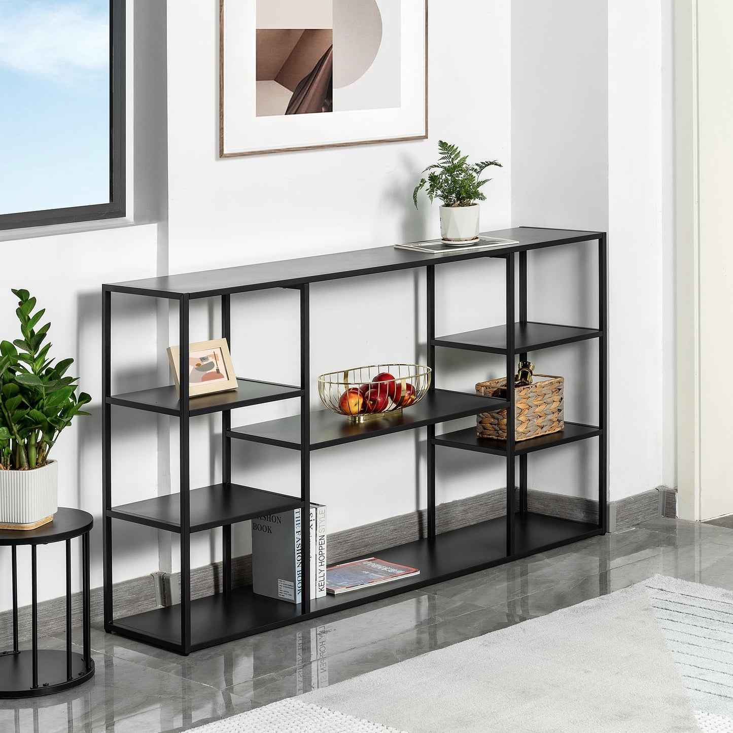 Leinade 55 Inch Metal Console Table with 8 Storage Shelves,Extra Long Entryway Table,Narrow Sofa Table,Hallway Table for Entrances to Corridor, Foyer,Living Room (Black, 55.12×11.81×31.5in)