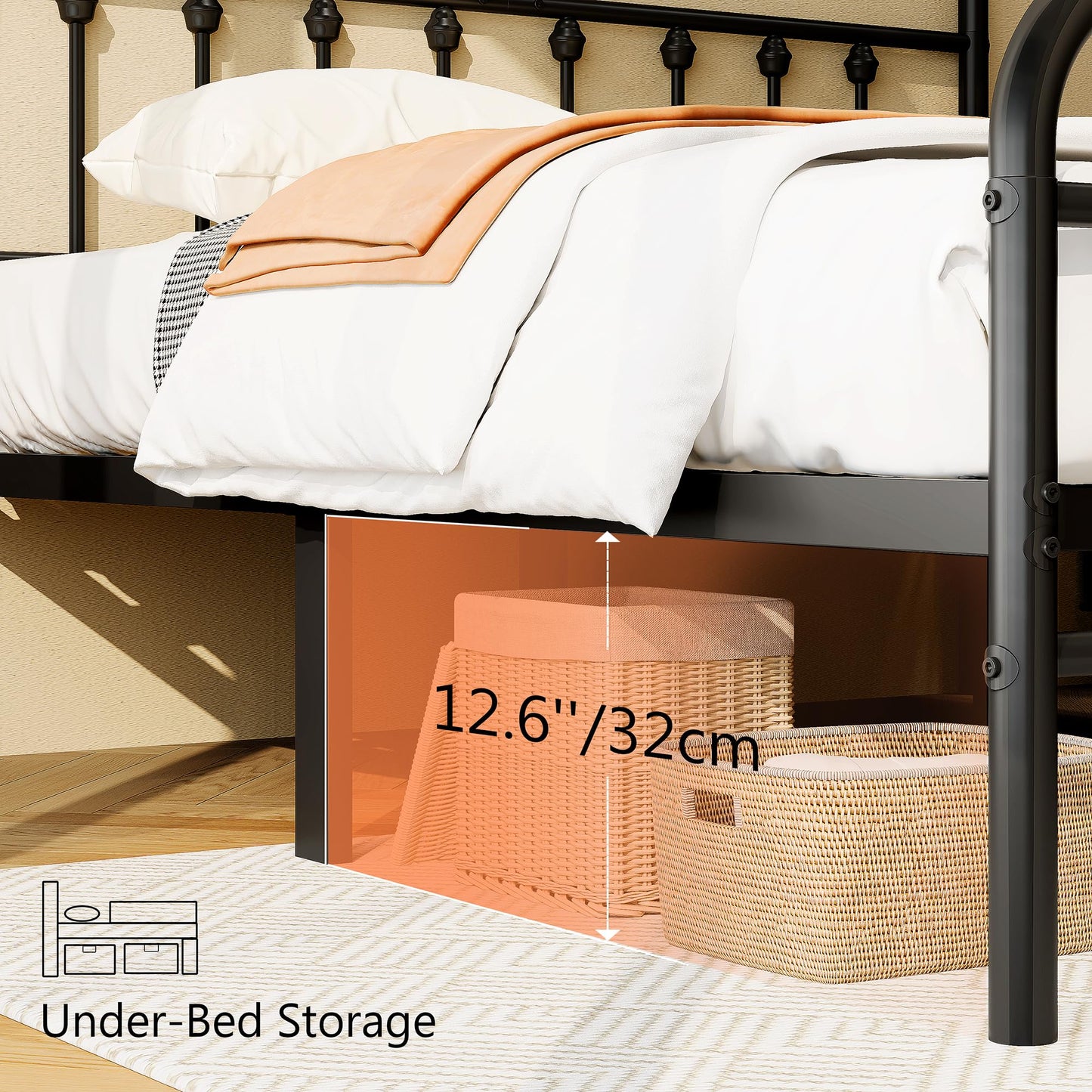 zunatu Queen Size Metal Platform Bed Frame/Victorian Style Headboard and Footboard/Steel Slat Support/Easy Assembly/No Box Spring Needed/Underbed Storage/Noise Free/Black