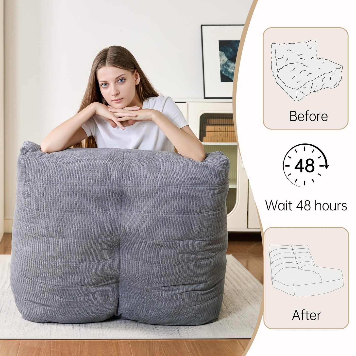 Stmoze Bean Bag Chairs for Adults, Memory Foam Bean Bag Chair, Spacious Single Sofa, Ergonomic Support Reading Floor Sofa Chair with Filler, Comfy Cozy Beanbag Couch for Bedroom Living Room (Grey)