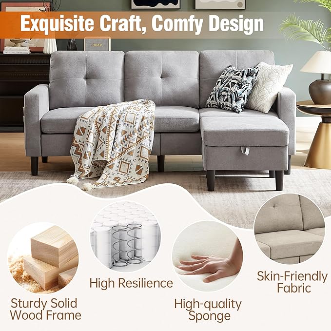 Pingliang Home 80" Convertible Sectional Sofa Couch with Movable Ottoman, 3 Seats Sectional Sofas L Shaped Couch for Small Spaces, Soft Fabric Couch for Living Room (Light Grey)