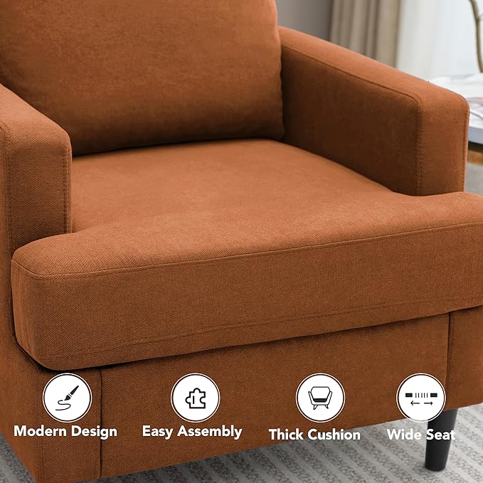 Weture Mid-Century Accent Chair,Modern Linen Fabric Armchair for Living Room,Comfy Upholstered Reading Accent Chairs for Bedroom,Single Sofa Chair with Wood Legs (Orange, 1 Pack)