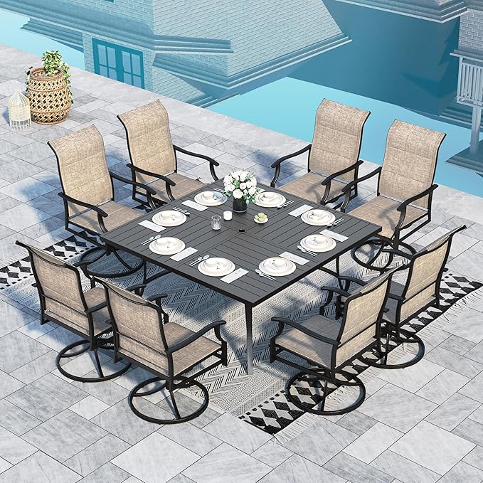 Sophia & William 9 Piece Outdoor Patio Dining Set, Patio Furniture Set with 8 Swivel High Back Patio Dining Chairs and Square Metal Table, All Weather Textilene Fabric for Backyard, Poolside, Balcony
