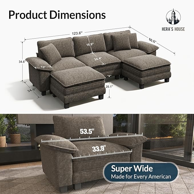 HERA'S HOUSE 124" Modular Sectional Sofa, Oversized U Shaped Couches for Living Room, Comfy Cloud Couch with Ottoman, 5-Seater Deep Seat Sofa with Throw Pillow, Chenille Ash