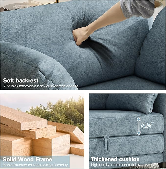 kakuboohi 51" Loveseat Sleeper Sofa Bed, Chenille Convertible Floor Sofa Bed for Small Spaces, Folding Couch Bed with Deep Seat, 2 Pillows & Solid Frame, Pull Out Couch for Living Room, Light Blue