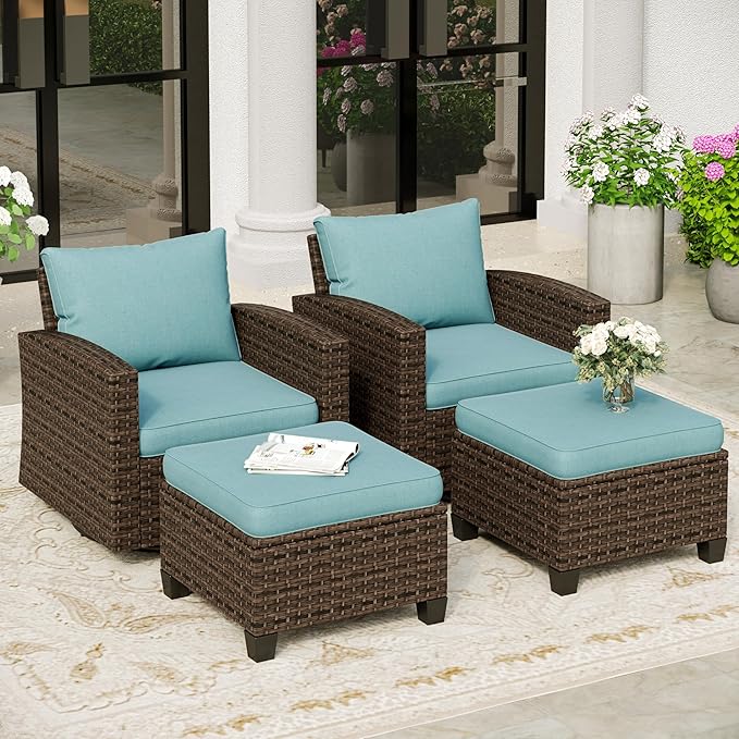 SUNSHINE VALLEY 4-Piece Patio Furniture Set with Swivel Chairs, Rattan Wicker Outdoor Furniture with 2 Swivel Glider Chairs and 2 Ottomans, Outdoor Lounge for Small Patio, All-Weather Design, Blue