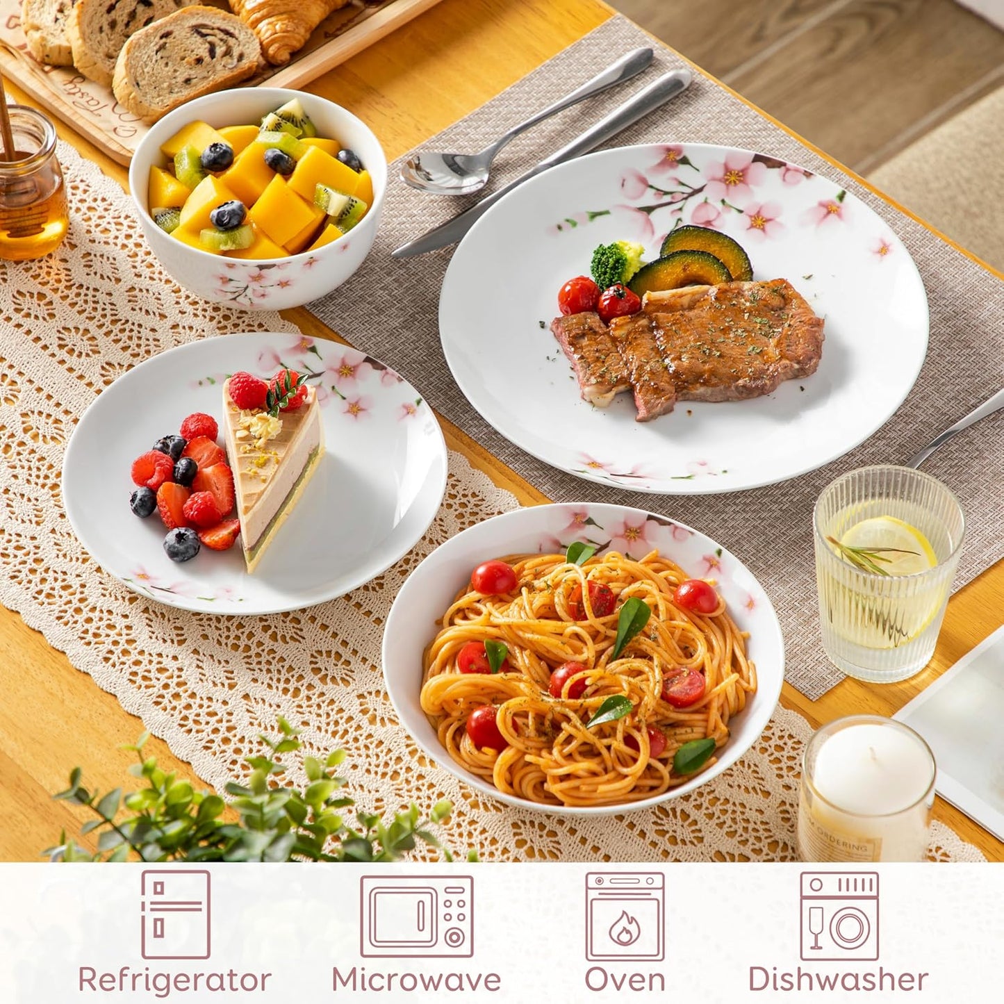 VEWEET Dinnerware Sets for 6, 24 Pieces Porcelain Plates and Bowls Set with Pink Floral, Classic Dishes Set Dining Ware for Dinner, Microwave Dishwasher Safe, Series ANNIE