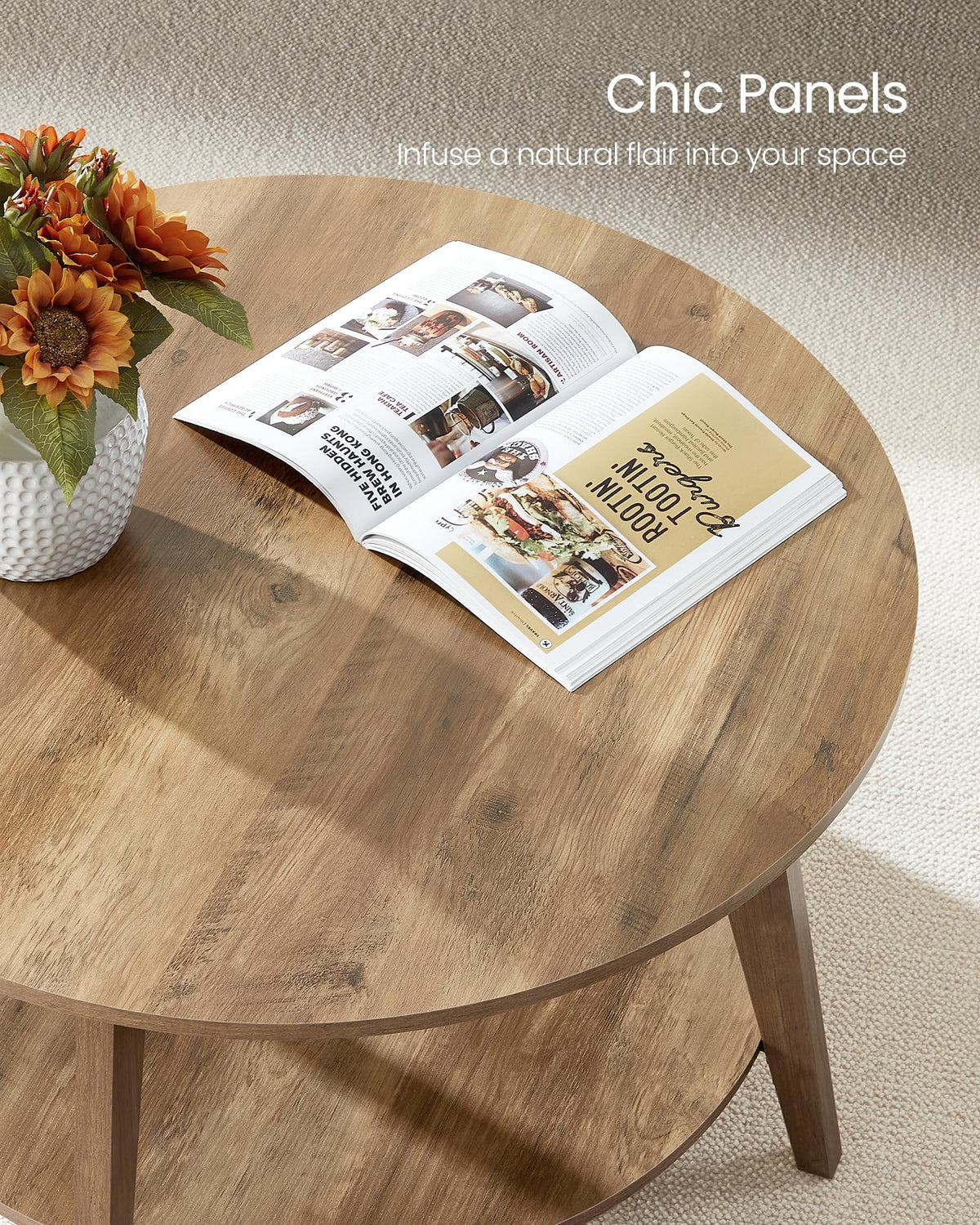 VASAGLE Round Coffee Table, 2 Tier Coffee Table with Storage, for Living Room, 31.5 x 17.7 Inches, Easy to Assemble, Honey Brown ULCT243K41