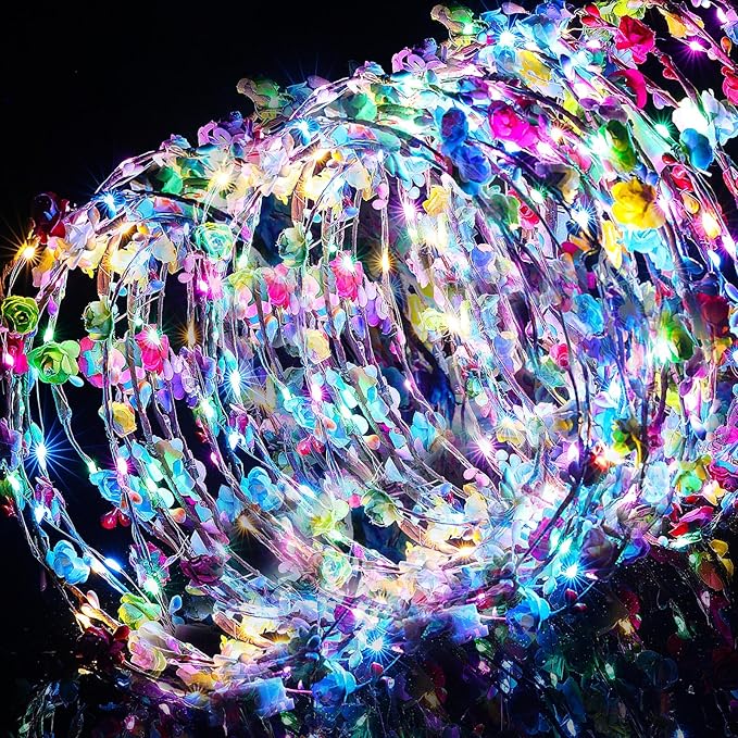 Yunsailing 64 Pcs Mardi Gras Light up Flower Crown LED Glow Party Headband Girl Headpiece Glowing Floral Headdress(Classic)