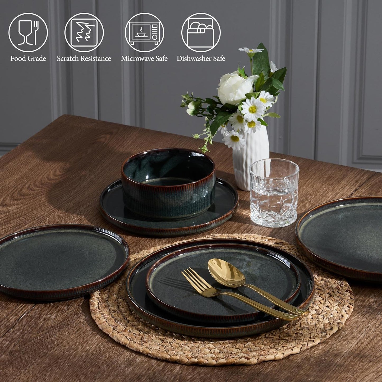 E-far 12-Piece Plates and Bowls Sets, Stoneware Dinnerware Dishes Sets for 4, Kitchen Modern Dining Dishware, Chip & Scratch Resistant, Microwave & Dishwasher Safe, Blackish Green