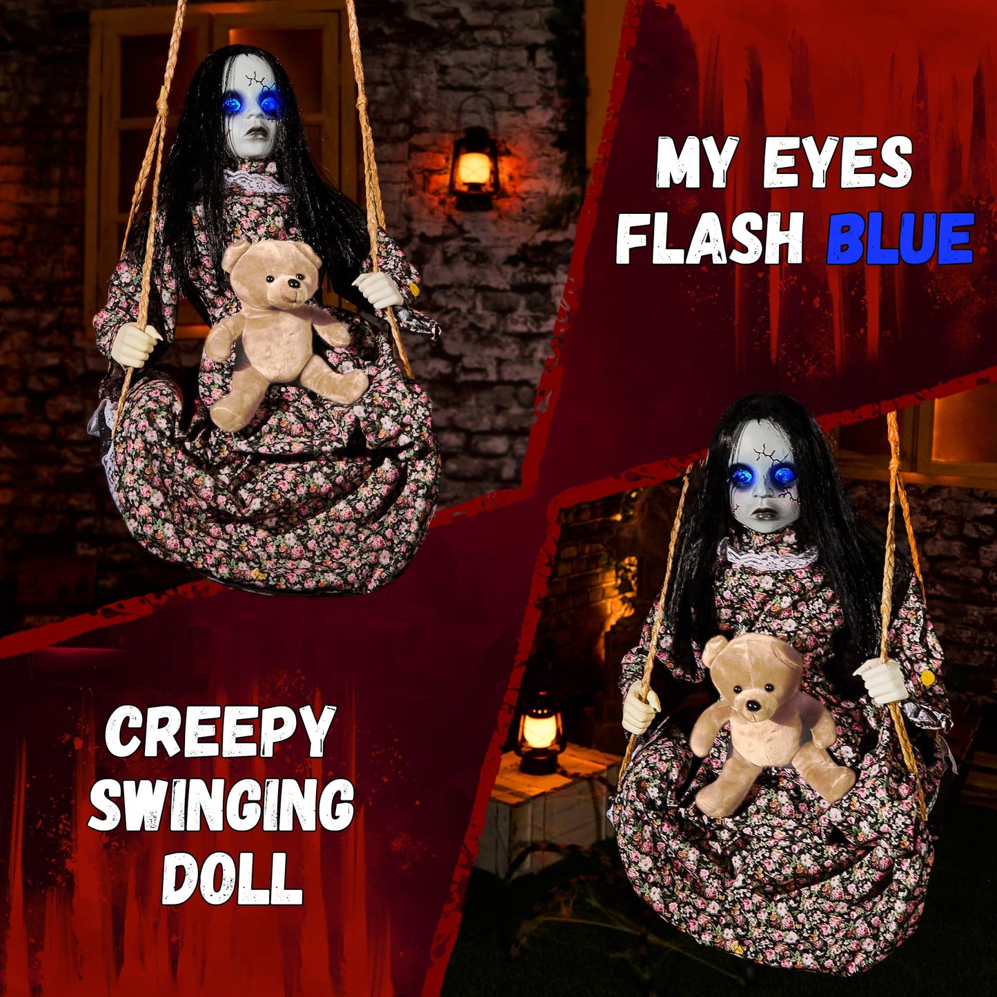 Halloween Animatronics Hanging Swinging Doll Floating Decorations with Sound & Sensor Activated, Creepy Sound, Light Up Eyes, Scary Move, Haunted House Decor Spooky Holiday Prop for Indoor, Outdoor
