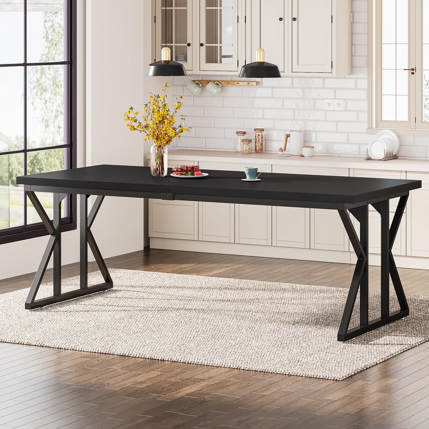 Tribesigns Farmhouse Dining Table for 6 People, 70.8-Inch Rectangular Wood Dining Table, Rustic Kitchen Table with Heavy Duty Metal Legs for Dining Room (Matte Black, 70.8-Inch)