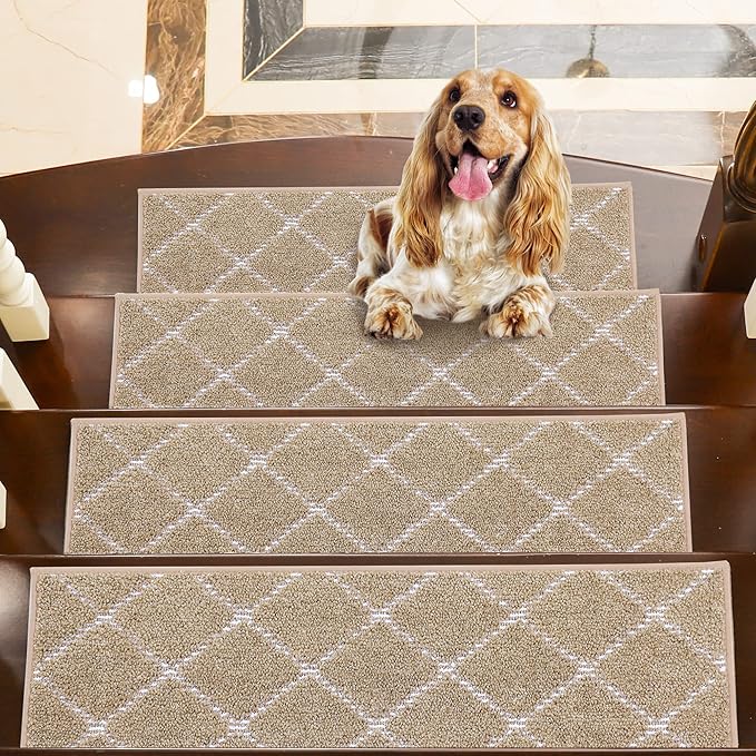 BEQHAUSE Stair Treads Non Slip Stair Runners for Wooden Steps Machine Washable Polyester Soft Stair Rugs 28inX9in Beige Stair Mats Safety Edging Stair Rugs for Dogs,Elders and Kids 4pcs