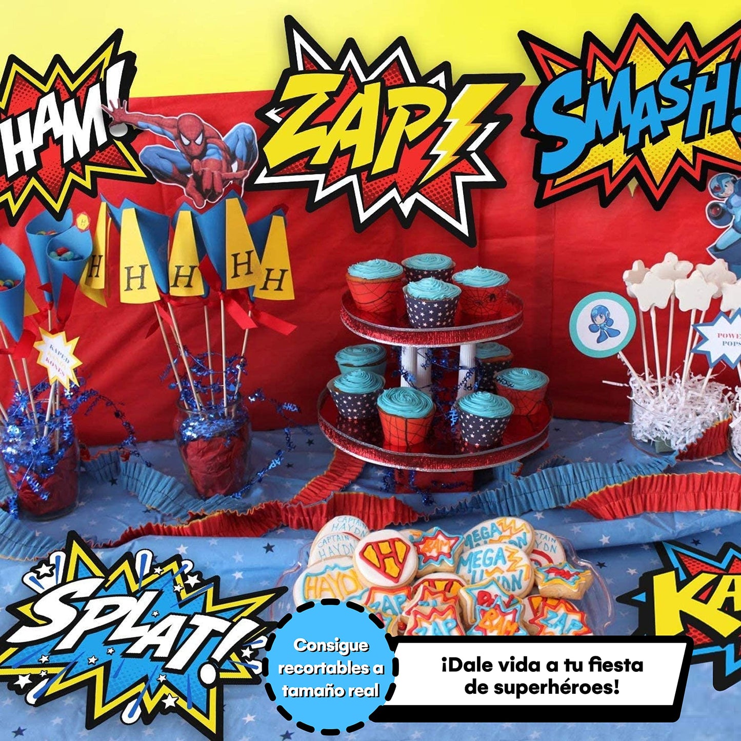 Bigtime Signs 12 Pieces Super Hero Stickers - Superhero Party Decorations for Birthday - Superhero Themed Party Favors - 12"x16" Sound Effect Signs for Kids - Boom Pow Sign and Decorations