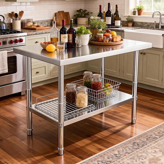 DWVO 30x24in Stainless Steel Table, NSF Metal Prep Worktable with Adjustable Shelf for Kitchen Restaurant Hotel Garage Warehouse Home
