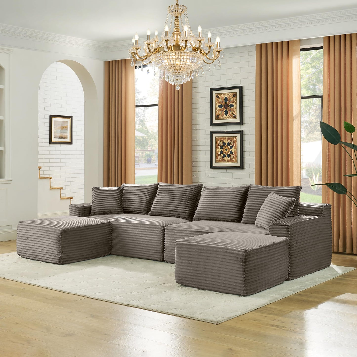 115" U-Shaped Cloud Sectional Couch, Front Facing Modular Compressed Boneless Sectional Sofa with Chaise Lounges, Plush Corduroy Boneless Symmetrical Sofa for Living Room