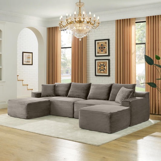 115" U-Shaped Cloud Sectional Couch, Front Facing Modular Compressed Boneless Sectional Sofa with Chaise Lounges, Plush Corduroy Boneless Symmetrical Sofa for Living Room