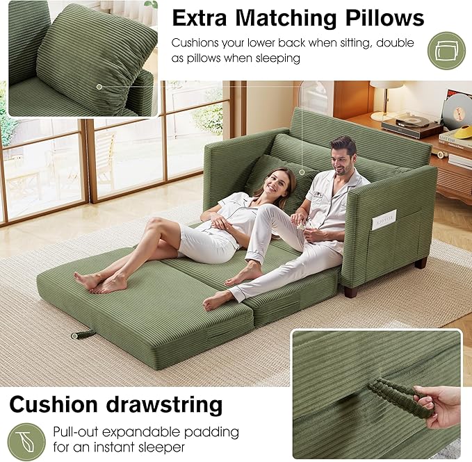 kakuboohi 51" Loveseat Sleeper Sofa Bed, Corduroy Convertible Floor Sofa Bed for Small Spaces, Folding Couch Bed with Deep Seat, 2 Pillows & Solid Frame, Pull Out Floor Couch for Living Room, Green