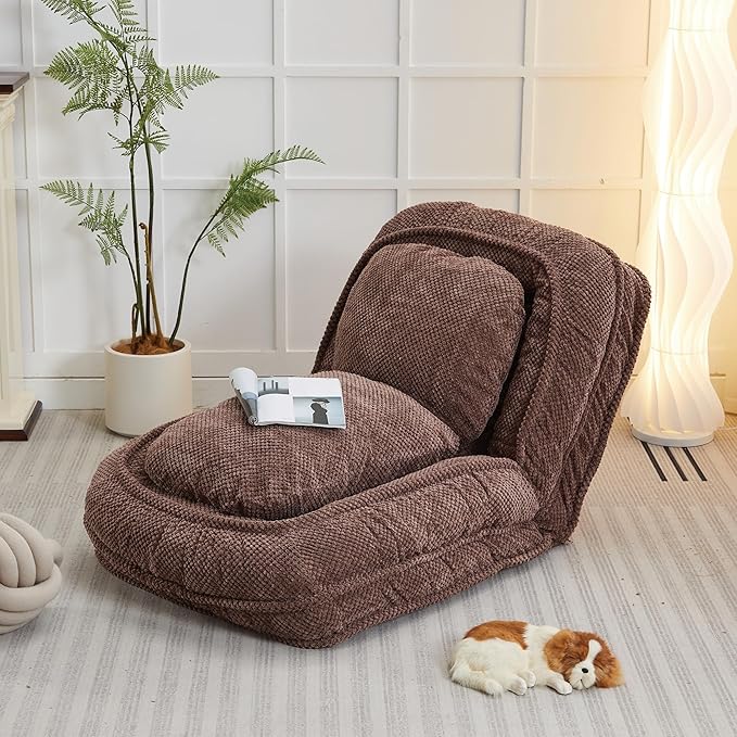KEIKI Foldable Tatami Lazy Sofa Couch Bed with 5 Adjustable Position, Minimalist Space Saving Design Human Dog Bed with Cushion Back, Easy Assembly, for Apartment, Living Room, Bedroom, Brown