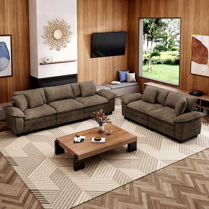 MIXPATIO L-Shaped Cloud Modular Sofa Set with Chaise Lounge, 5-Piece Sectional & Deep Seat, Plush Chenille w/Removable Arms for Living Room - Taupe