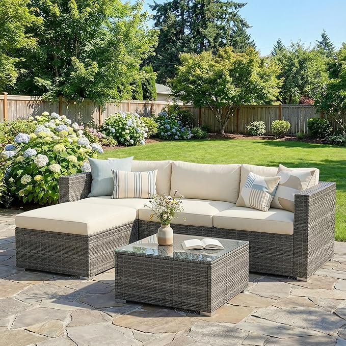 May in Color Outdoor Patio Furniture Set, Rattan Outdoor Sectional Furniture, Patio Conversation Sets for Balcony, Porch, Backyard, Deck, Garden, Beige