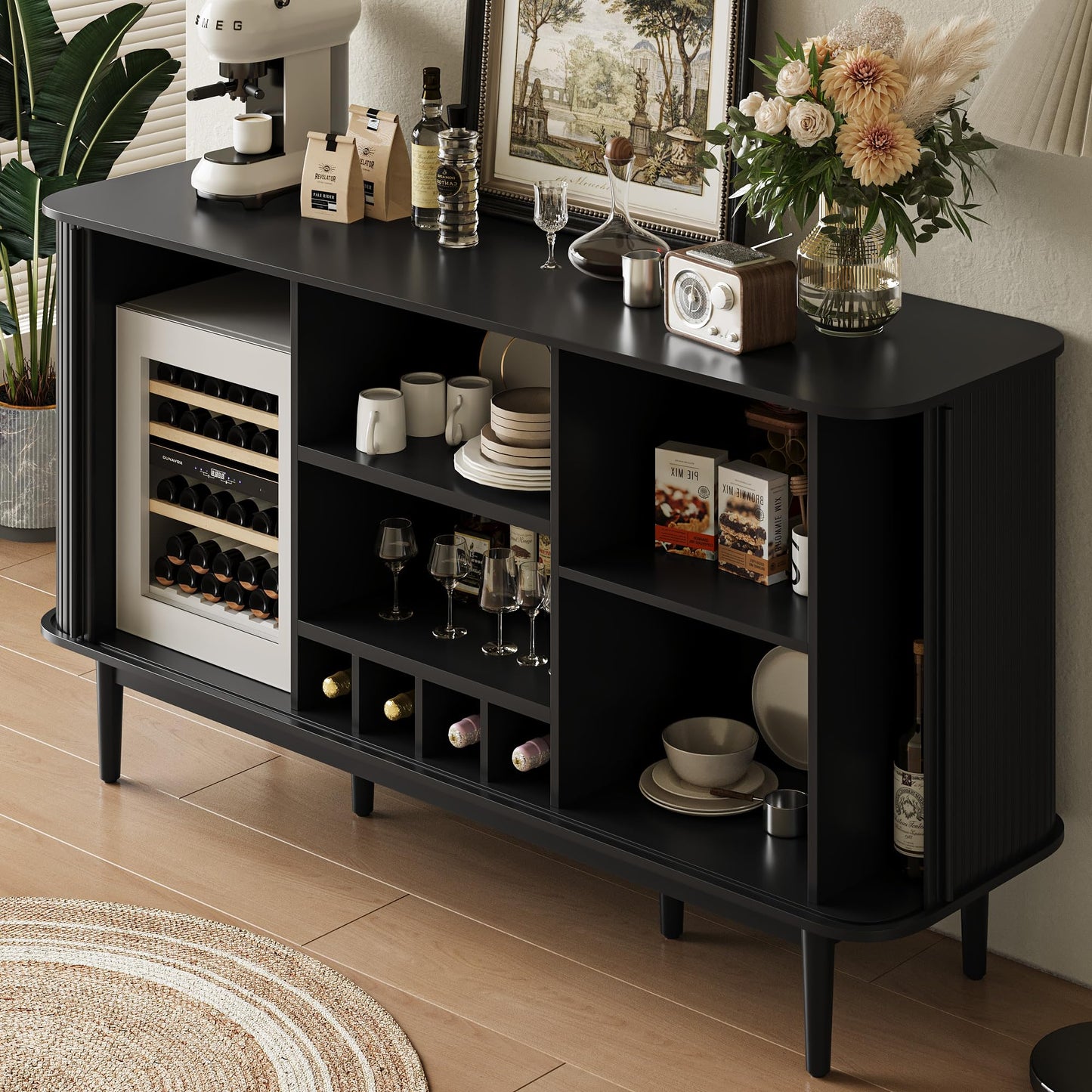 MAISONARIA 59" Wine Bar Cabinet with Storage, Sideboard Buffet Cabinet with Fluted Slide Doors, Modern Coffee Bar Table with 4 Wine Racks for Living Room, Kitchen, Entryway, Black