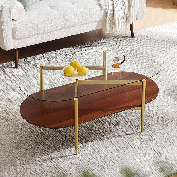 Pine Flicker Oval Glass Coffee Table, Mid-Century Modern Design, L42*W22*H17 inch, for Living Room, Clear Glass Top and Walnut Finish Wood Shelf, Conical Metal Legs with Gold Finish
