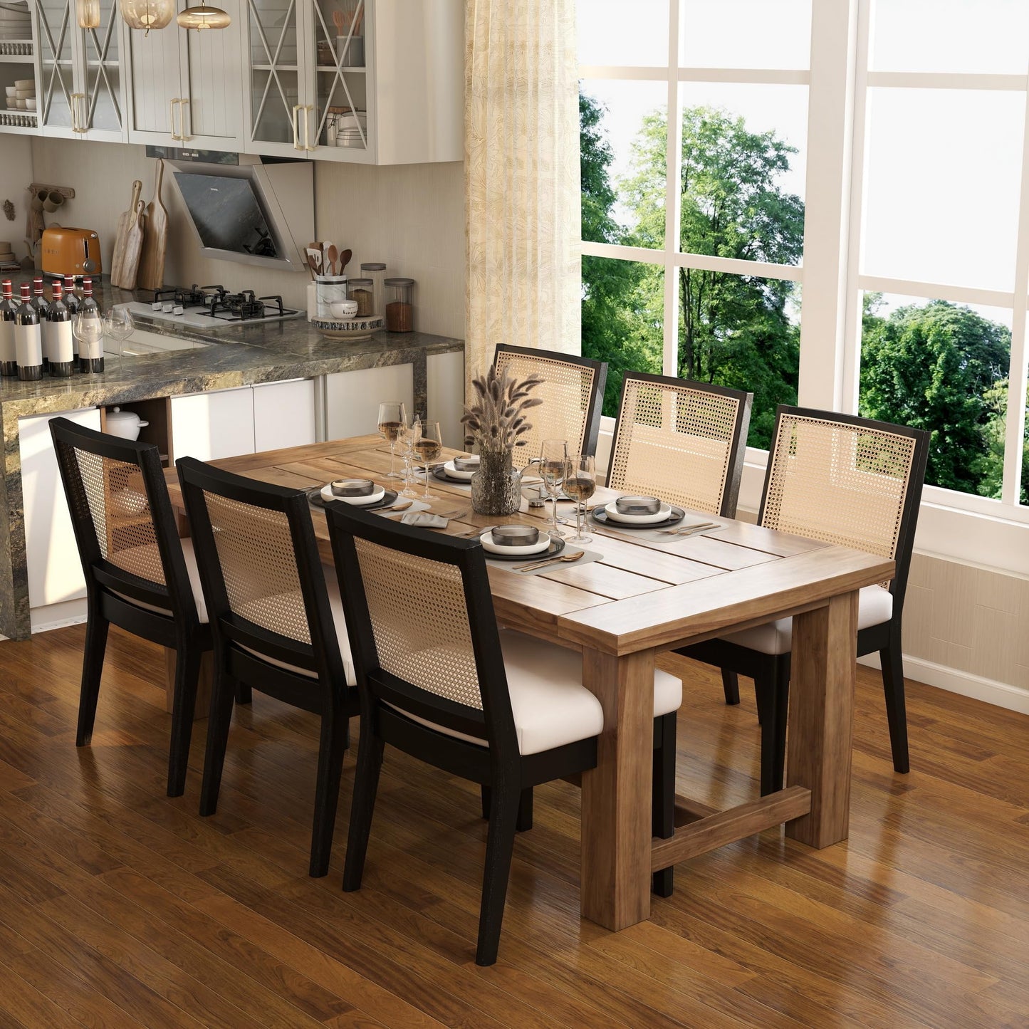 BESTANO Farmhouse Rattan Dining Chairs Set of 6 Black Wood Dining Room Chairs Rectangle Cane Country Kitchen Chairs Upholstered Wood Dining Chair for Dining Room, Cream Linen