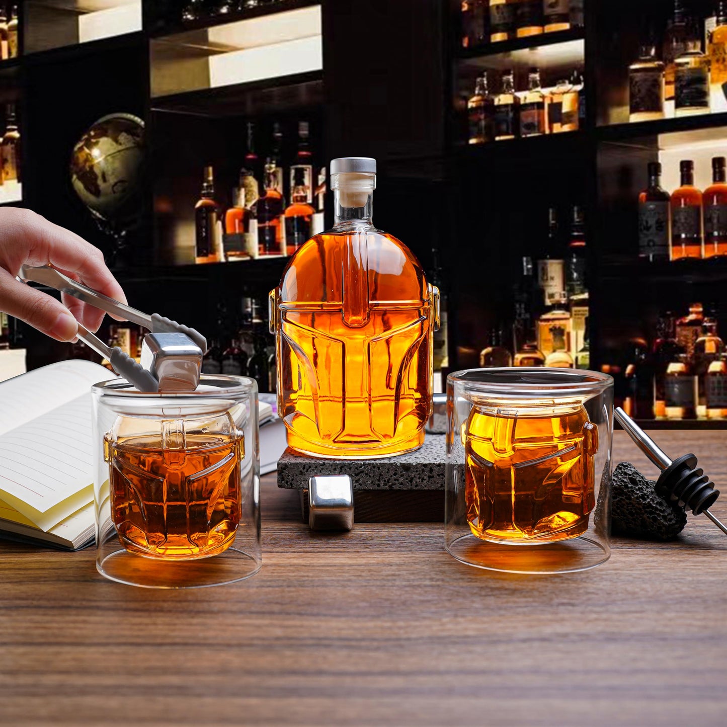 Cosmic Whiskey Decanter Set with 2 Glasses & Steel Stones - 1000ml/34oz Astronaut-Design, Artisan Crafted Lead-Free Glass - Signature Gift for Whiskey Lovers, Men